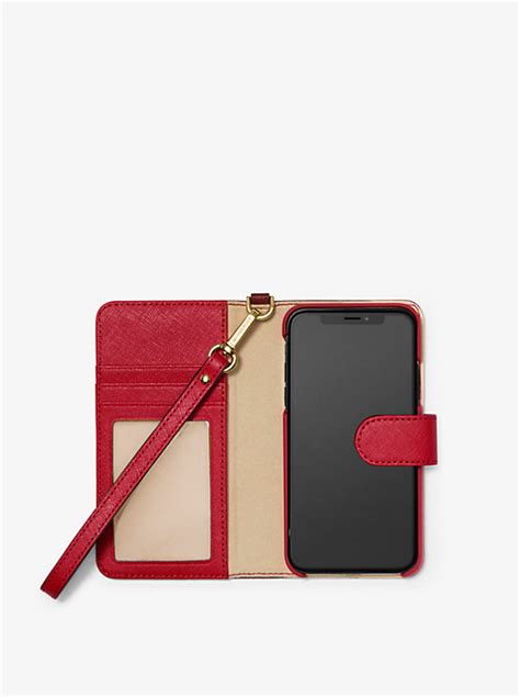 Saffiano Leather Wristlet Folio Case for iPhone XS 